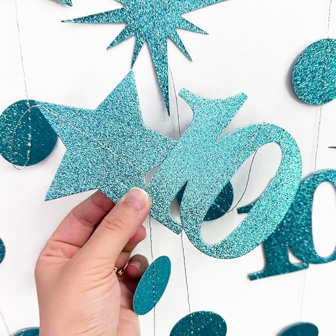 Teal Blue 10th Birthday Decorations Number 10 Circle Dot Star Garland Glitter Streamer Banner Backdrop for Girls Boys Double Digits Cheers to 10 Years Old Birthday 10th Anniversary Party Supplies