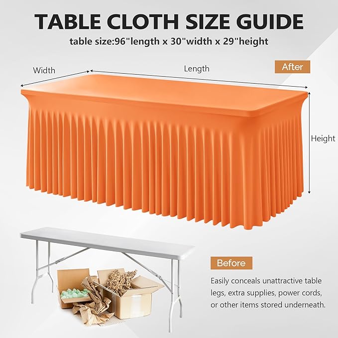 Wish Care 2 Pack Orange Spandex Table Clothes for 8 Foot Rectangle Tables, 8FT Wrinkle Free Fitted Tablecloths Ruffles Design Table Cover for Party, Banquet, Wedding and Events