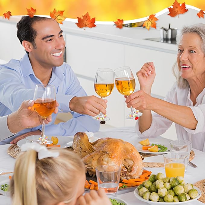 SANNIX Thanksgiving Wine Glass Charms, 24pcs Wine Glass Identifiers for Stem Glasses, Hostess Gifts & Party Favors