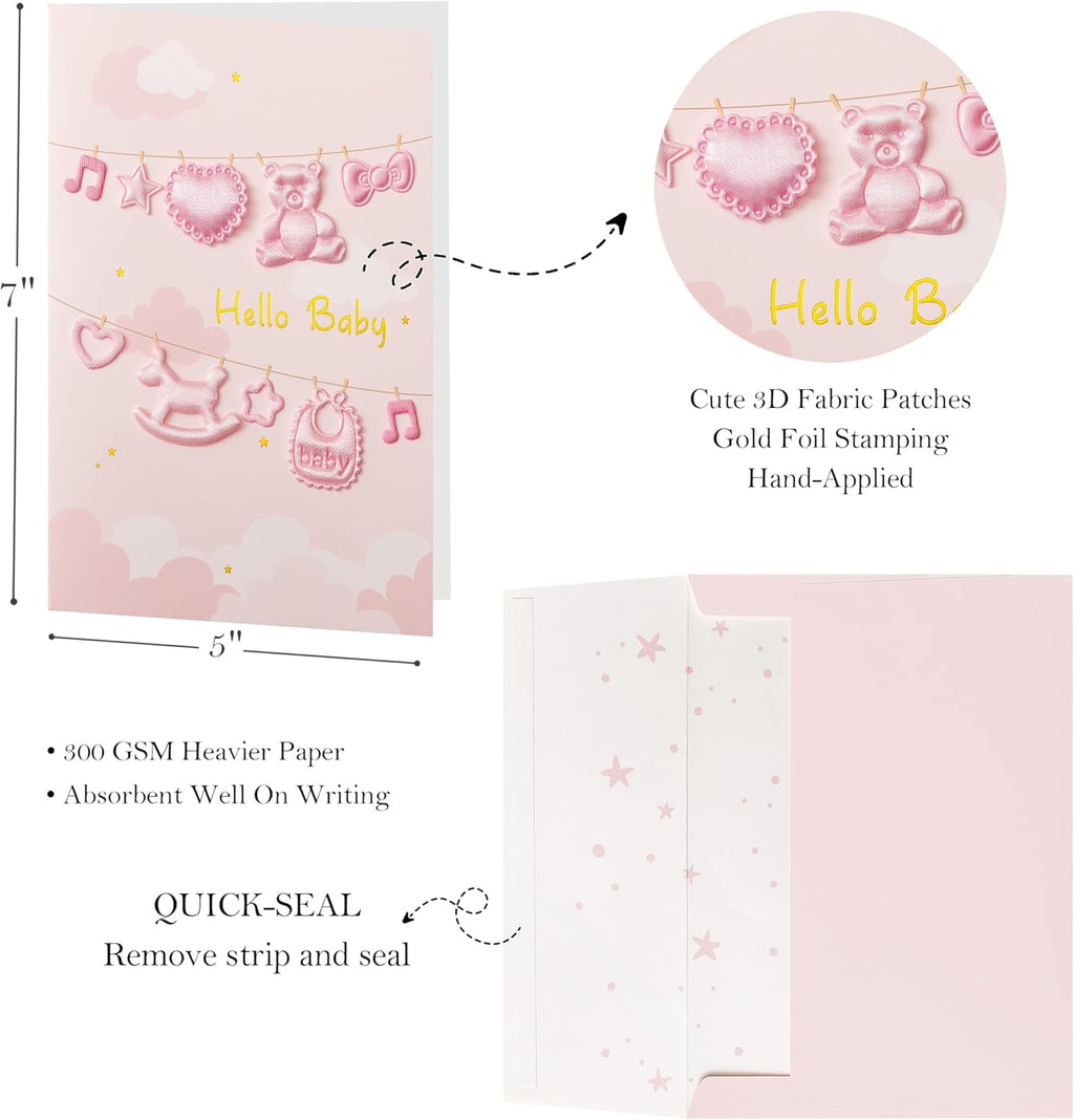 Crisky Baby Shower Card for Girls -3D Fabric Decor- Pink Rose Gold Welcome Congratulations Baby Card for New Baby Girl （Pink Bear）,5x7