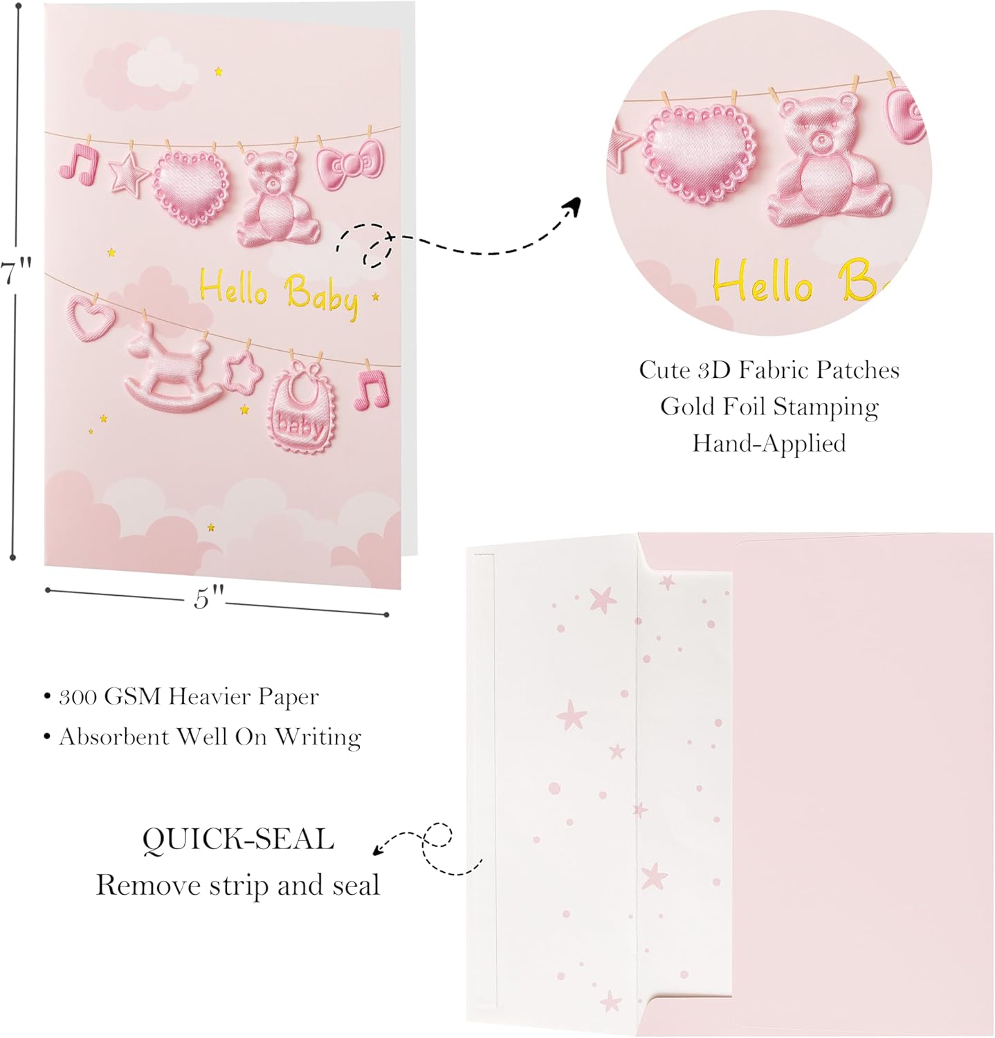 Crisky Baby Shower Card for Girls -3D Fabric Decor- Pink Rose Gold Welcome Congratulations Baby Card for New Baby Girl （Pink Bear）,5x7