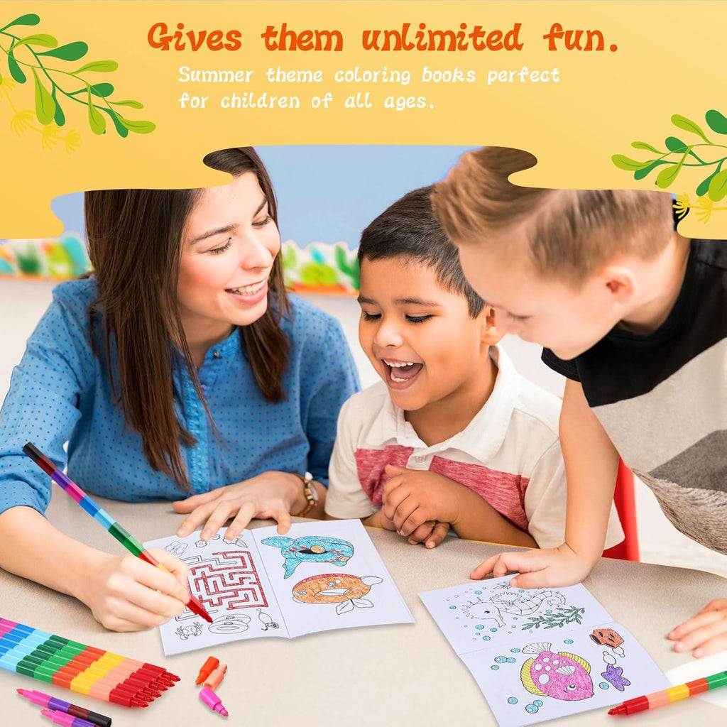 BenLouis 12 Summer Mini Coloring Books Kids with 12 Stacking Crayons Pool Beach Party Favors Small Activity Books Bulk for Kids Summer Birthday Party Gift Goodie Bag Stuffers