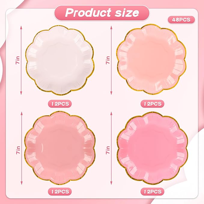 Pink Party Plates Gradient Pink Dessert Paper Plates 7inch Gold Foil Scalloped Edge Disposable Cake Plates for Tea Party Birthday Bridal Baby Shower Wedding Party Supplies (48)