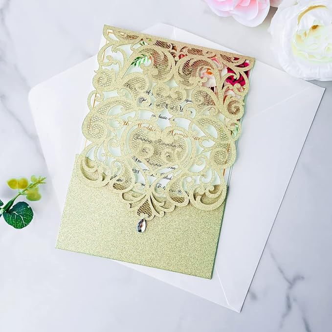 Hosmsua 50PCS Champagne Gold Wedding Invitations Kit 5 x 7.3 Inch Laser Cut Hollow Rose Rhinestone Pocket with Envelope for Wedding Bridal Shower Invite (Champagne Gold Glitter)