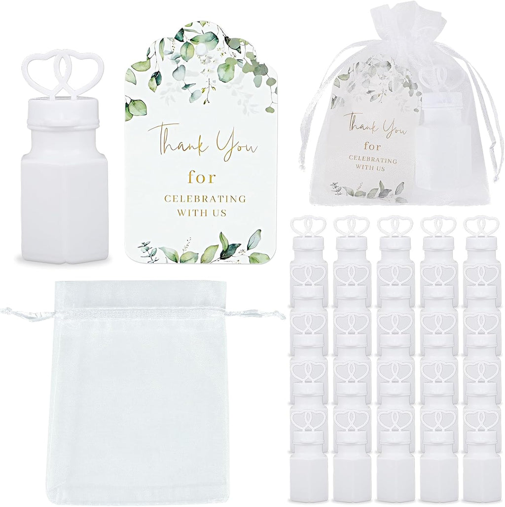 WAYASDCU 100 Sets Wedding Party Favors White Mini Bubble Bottles Greeting Card Goodie Bag Wedding Bubbles for Guests, Anniversary, Engagement, Celebration