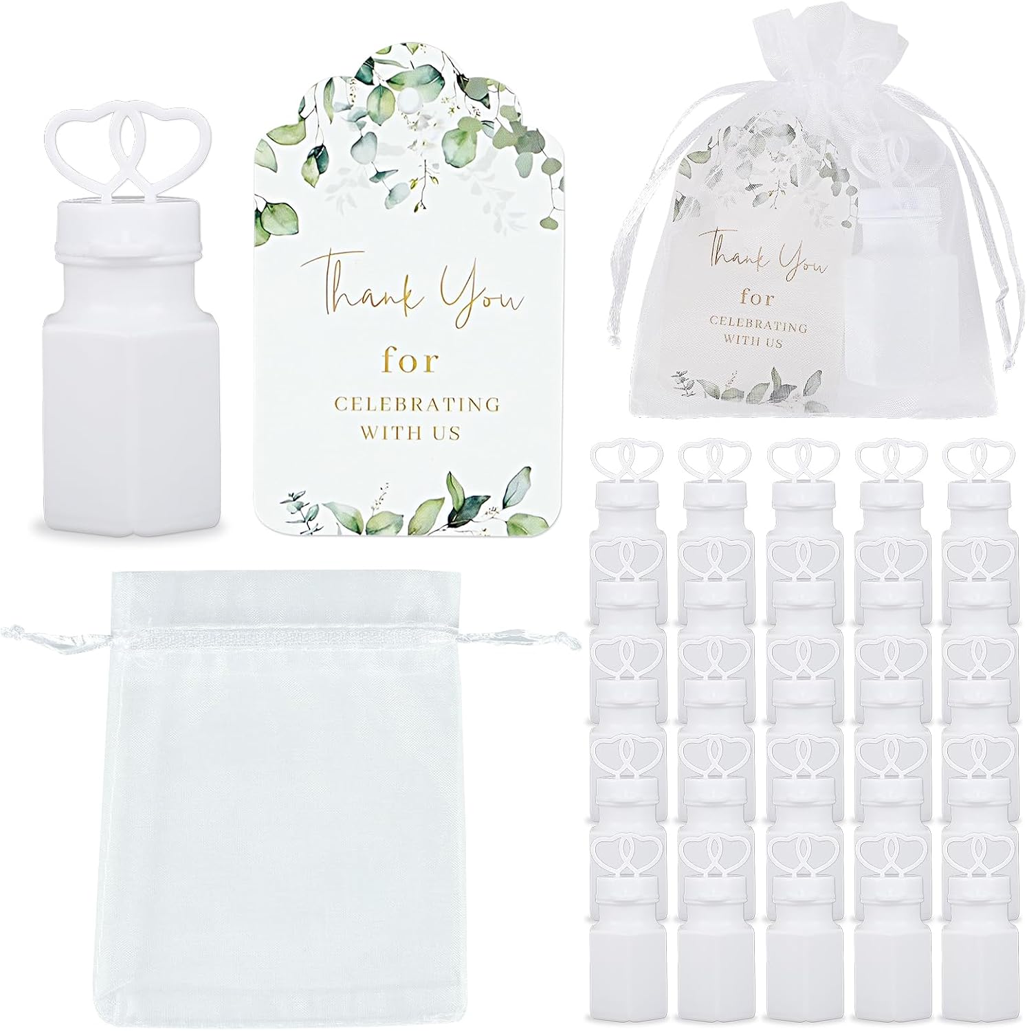 WAYASDCU 100 Sets Wedding Party Favors White Mini Bubble Bottles Greeting Card Goodie Bag Wedding Bubbles for Guests, Anniversary, Engagement, Celebration