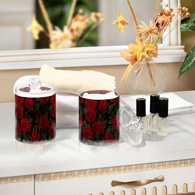 Gredecor Qtip Holder Dispenser 4 Pack Red Rose Flowers Leaves Apothecary Jars with Lids Bathroom Vanity Countertop Canister Storage Organizer for Cotton Ball,Swabs,Pads,Floss