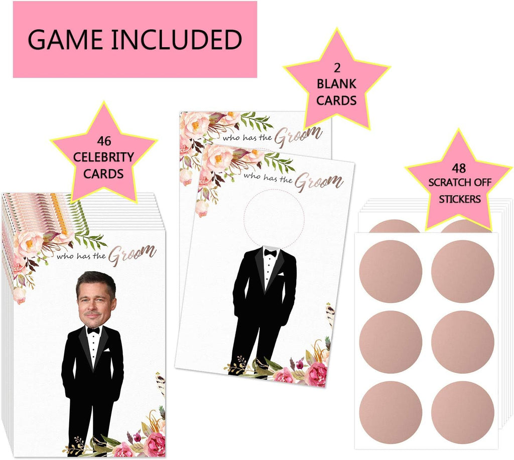 MORDUN Floral Bridal Shower Games - Who Has The Groom Scratch Off Celebrity Cards Tickets for 48 Guests - Funny Bachelorette Party Games Ideas - Rose Gold White
