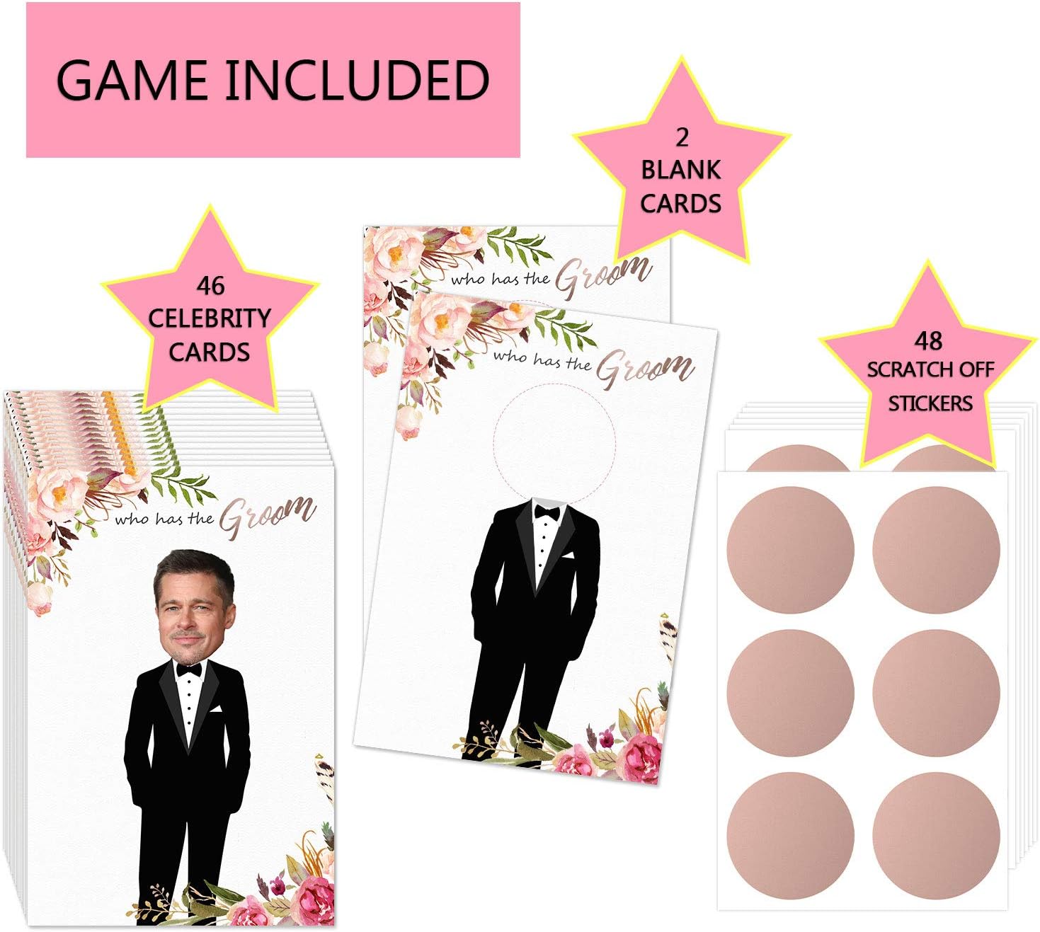 MORDUN Floral Bridal Shower Games - Who Has The Groom Scratch Off Celebrity Cards Tickets for 48 Guests - Funny Bachelorette Party Games Ideas - Rose Gold White