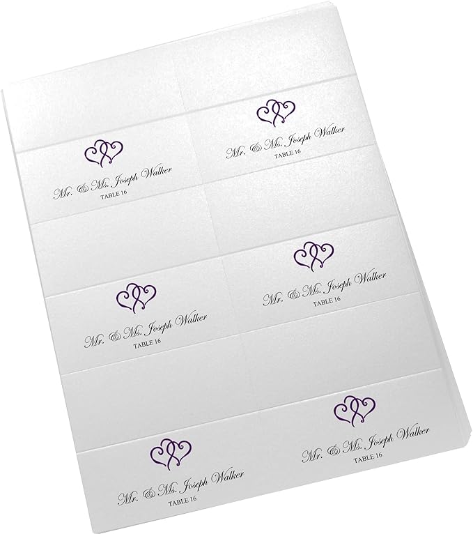 Linked Hearts Printable Place Cards, Eggplant (Choose Color), Set of 150 (25 Sheets), Laser & Inkjet Printers - Wedding, Party, Dinner, and Special Events - Made in the USA
