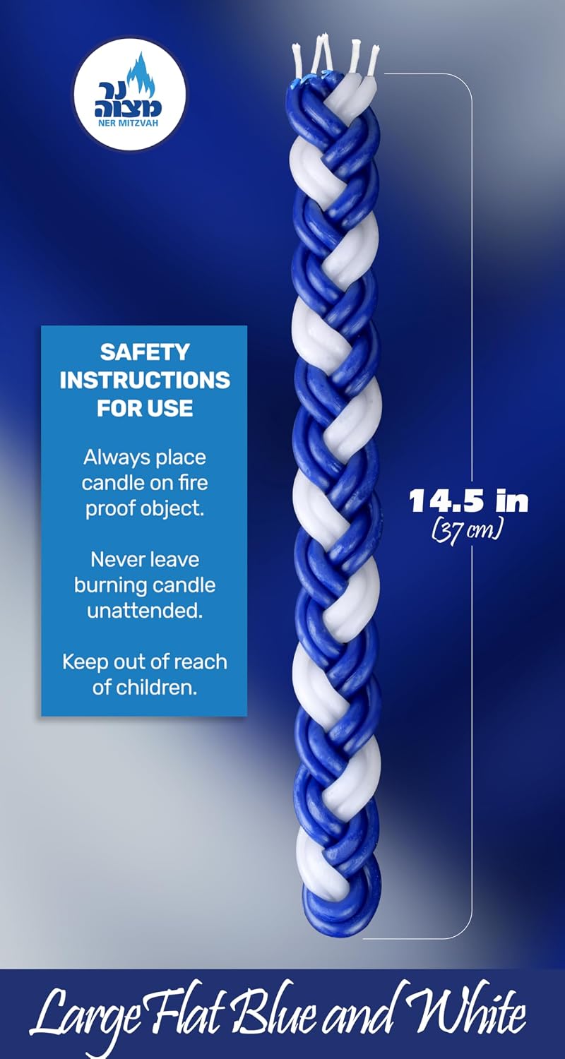 Ner Mitzvah Braided Havdalah Candle - 2-Pack - Large 15-Inch Blue and White Paraffin Wax - Handcrafted Havdallah Candle - Shabbat Judaica Gift