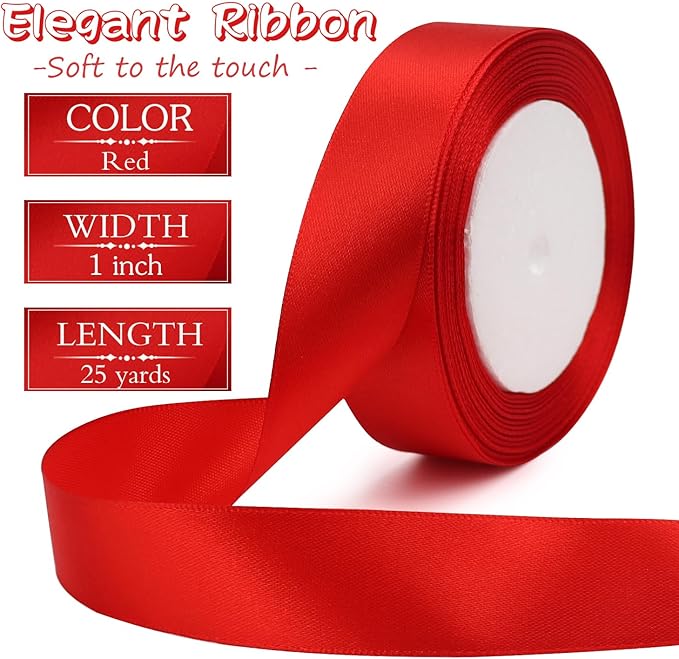Red Solid Satin Ribbon 1 Inch 25 Yards Solid Polyester Fabric Ribbon for Gift Wrapping Wedding Christmas Baby Shower Birthday Party Decoration Handmade Immortal Flower Craft