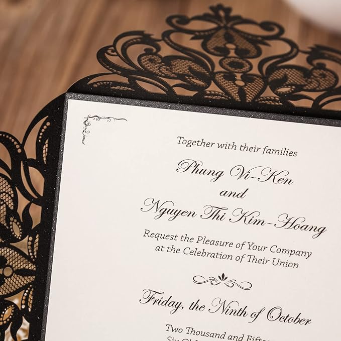Hosmsua 50PCS Personalized Black Laser Cut Hollow Lace Rose Invitation Cards with Envelopes 6.3 x 6.3 Inch Wedding Invitations for Engagement Wedding Invite (Customized Printed)