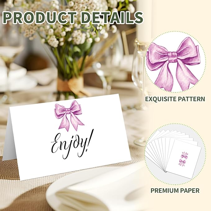 25 Purple Bow Place Cards for Table Seating, Watercolor Wedding Name Place Card, Tent Cards for Birthday Baby Shower Bridal Shower Reception Dinner Party Decorations -A26