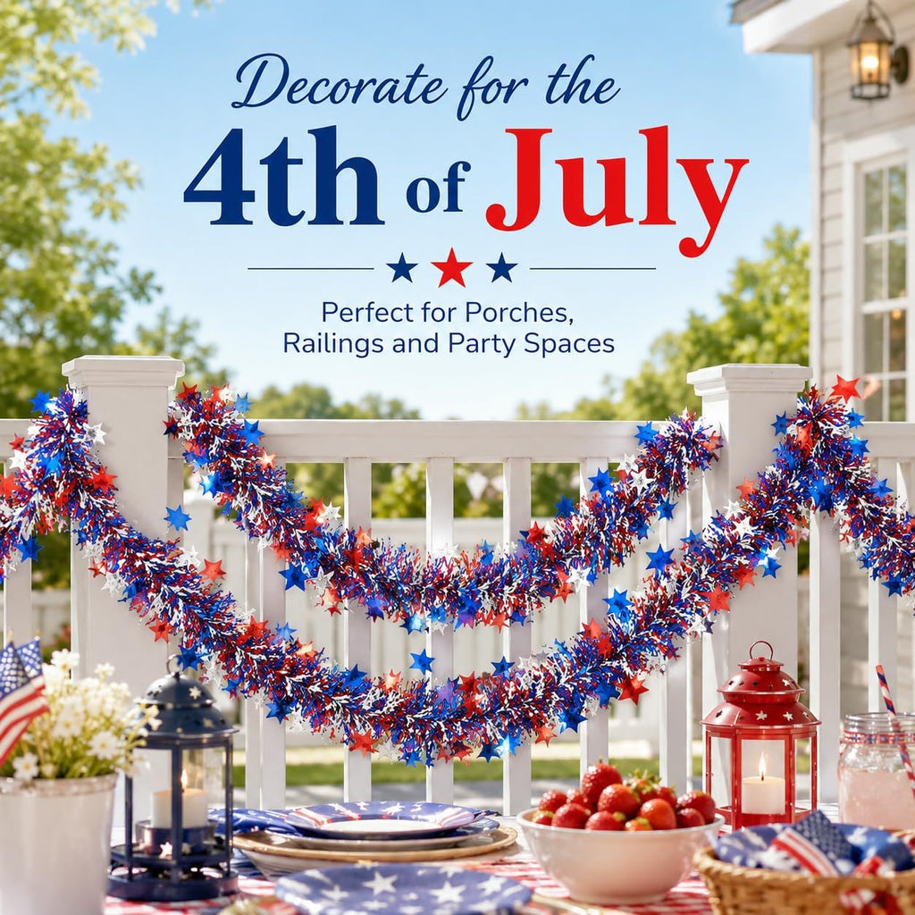 RAINFLOW Patriotic Tinsel Garland 4th of July Decorations - 5 Pack 32.8FT Red White Blue Star Metallic Decor for Parade Golf Cart Car Tree Party Outdoor Independence Day Memorial Day