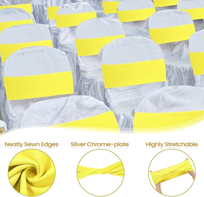 Kinlop 50 Pcs Spandex Chair Sashes Bows Chair Bands Slider Sashes for Covers Elastic Bands Ties Without Buckle Decorations for Wedding Party Events Ceremony Birthday(Yellow)