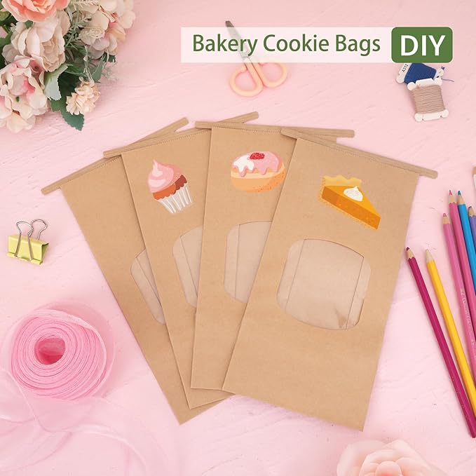 Moretoes 55pcs Medium Bakery Cookie Bags with Window, 4.5x2.36x9.6in Tin Tie Tab Kraft Paper Treat Bags for Cookie Coffee Bread Bakery Packing
