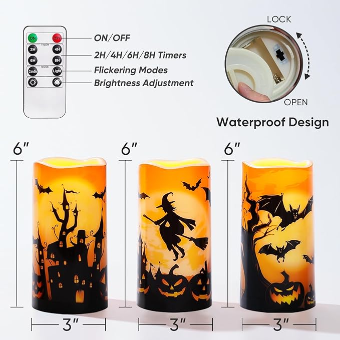 Homemory Halloween Candles, Orange Flameless Candles, Outdoor Waterproof Printed Decals Battery Operated LED Pillar Candles with Remote Timers for Fall Festival Spooky Decor, 3”x6”, Plastic, Set of 3