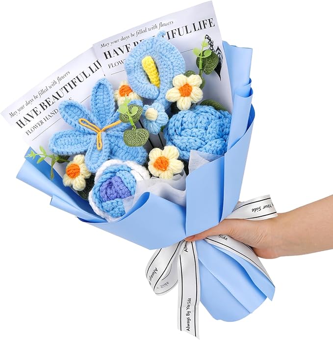 Crochet Flowers Bouquet, Handmade Crochet Flowers Knitted Bouquet, Tulips Flower Bouquet and Calla Lily for Birthday, Teacher’s Day, Graduation, Valentines (Blue)