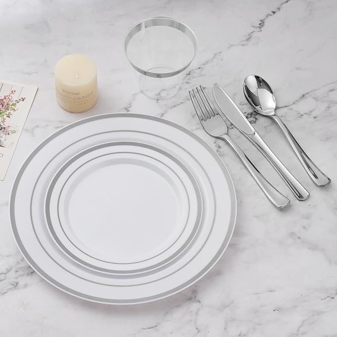 BESTVIP 600PCS Silver Dinnerware Set for 100 Guests, Plastic Plates for Party, 100 Silver Disposable Plates, 100 Dessert Plates, 100 Cups, 100 Spoons, 100 Forks and 100 Knives