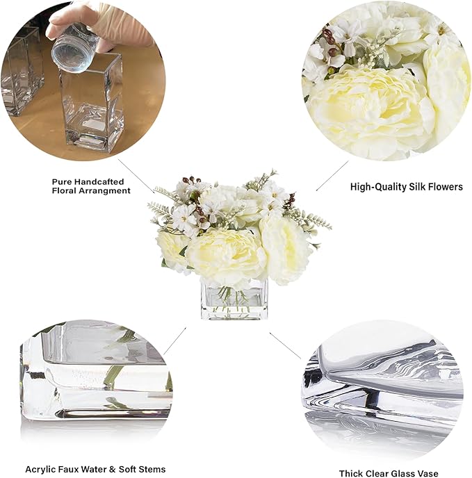 ENOVA FLORAL Artificial Flower Arrangement with Vase,Mixed Artificial Silk Peony Flower in Vase for Decoration Home Office, Wedding Centerpiece (Cream)