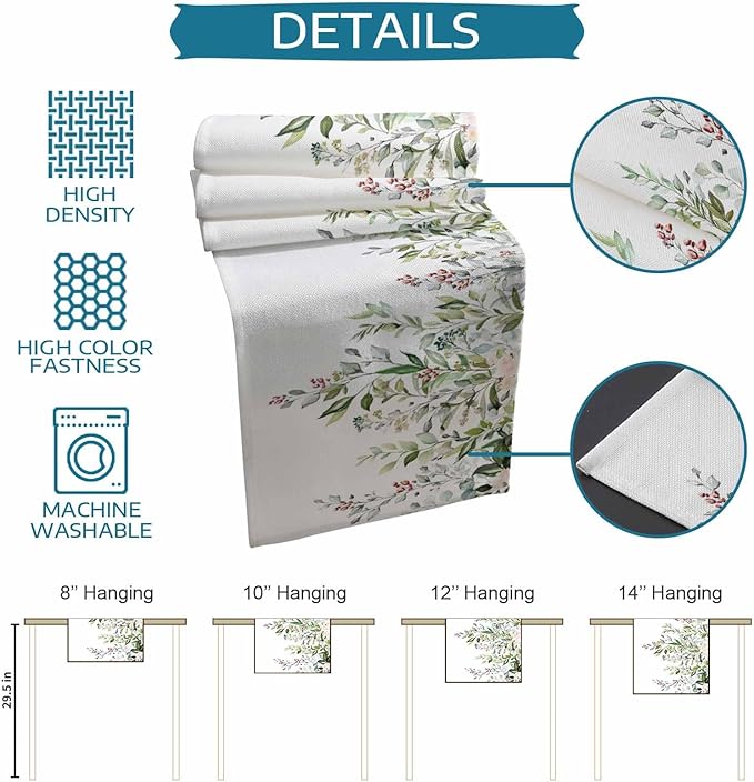 Botanical Eucalyptus Cotton Linen Table Runner for Dining Kitchen, Wedding Outdoor Party Tablerunners Decoration, Sage Green Leaves Elegant Floral Dresser Scarf Coffee Tablecloth Runners 13x120 Inches