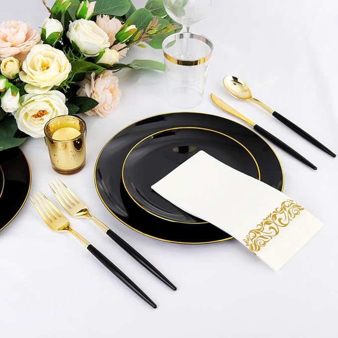 Supernal 350pcs Black Plastic Dinnerware Set - Black and Gold Plastic Plates, Gold Silverware Set, Wedding Party Plate, Cups Prefect for Halloween, Thanksgiving, Christmas Party and New Year