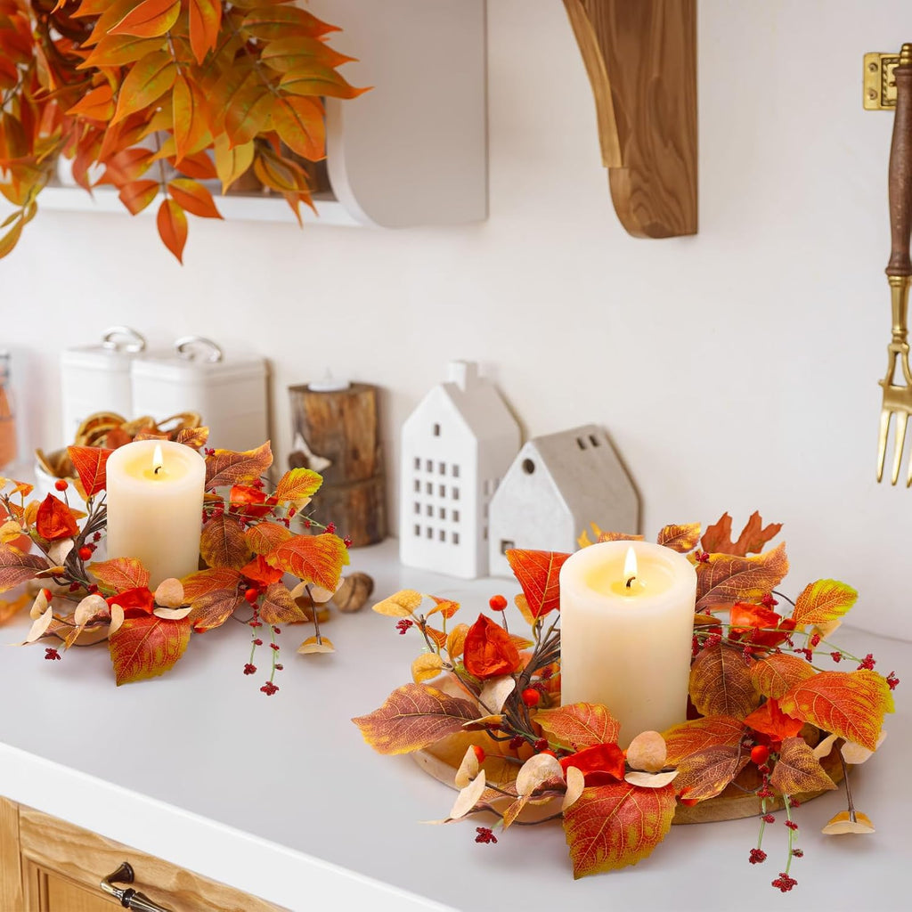 Suncalla Fall Candle Rings Wreath with Artificial Berry Leaf Acorn Wreath for Mini Candle Rings Thanksgiving Fall Wedding Rustic Seasonal Decoration(6.5'' Inner,Eucalyptus Berry,1 Pc)