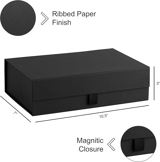 Hard Black Gift Box With Magnetic Closure Lid - 10.5"x7"x3" Pack Of 1 Ribbed Rectangle Favor Boxes For Wedding, Bridesmaid, Groomsman Proposal, Clothing