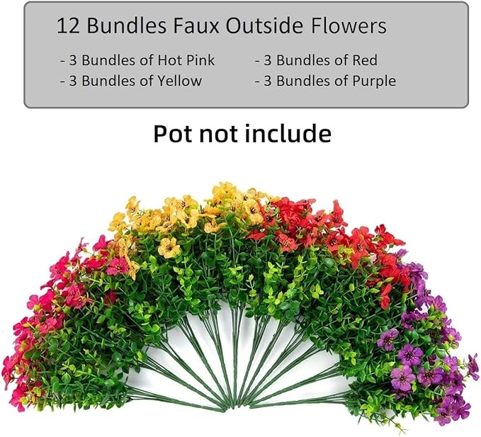 HyeFlora Artificial Flowers for Outdoor Indoor Garden Home Decoration, Faux Flower Daisy with Eucalyptus Leaves Fake Plants Greenery Boxwood Porch Patio, 12 Bundles (Mix Pink Red Purple Yellow)