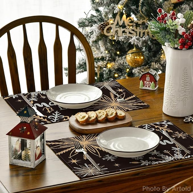 Artoid Mode Black Snowflake Let It Snow Winter Placemats Set of 4, 12x18 Inch Seasonal Christmas Table Mats for Party Kitchen Dining Decoration