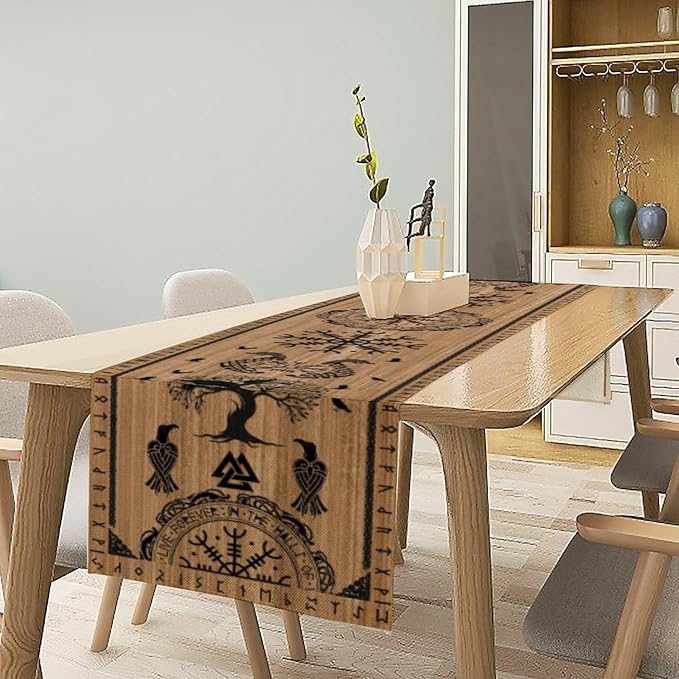 Viking Tree of Life Table Runner, Wooden Printed Eagle Dragon Boat Rudder Seasonal Kitchen Dining Table Decoration for Home Party 13x108 Inch