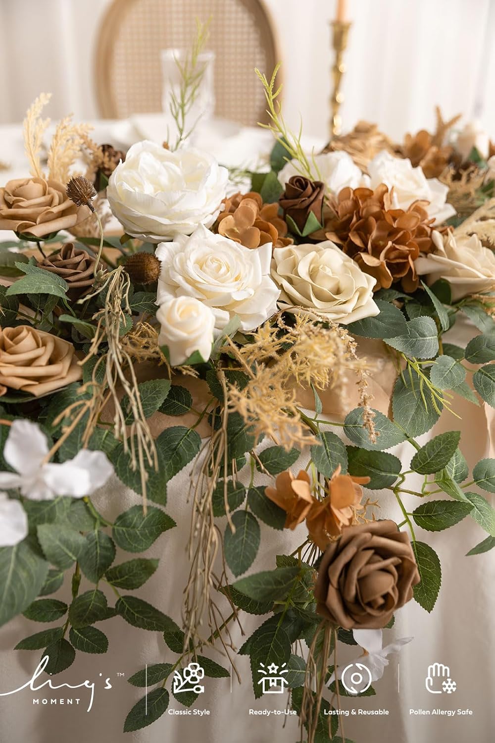 ling's moment brown artificial flower garland wedding arch, close-up detail