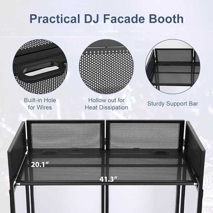 LUCKUP Portable DJ Booth 41"L x 20"W DJ Facade with White & Black Scrim, Foldable DJ Table Station with Adjustable Feet for Party, Black Metal Frame