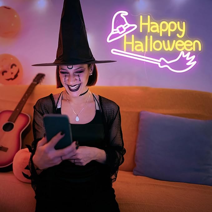 Happy Halloween Neon Sign Witch Hat Neon Sign Dimmable Broom Led Wall Decor Neon Lights Halloween Decorations for Home Spooky Party Kids Room