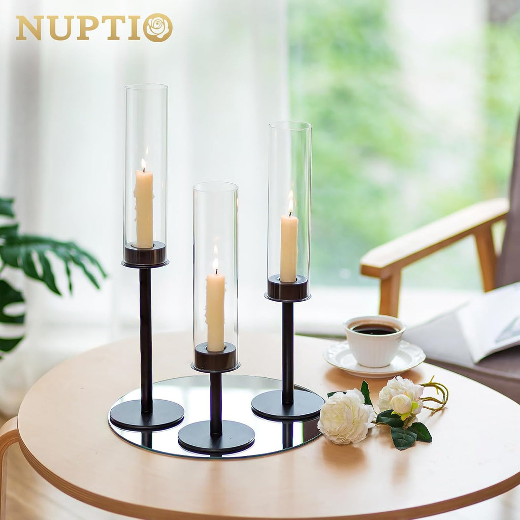 NUPTIO Black Candlestick Holders for Centerpiece: Set of 3 Hurricane Taper Holder with Windproof Glass Cover Long Stem Cylinder Metal Candle Sticks Stands for Halloween Christmas Table Decoration