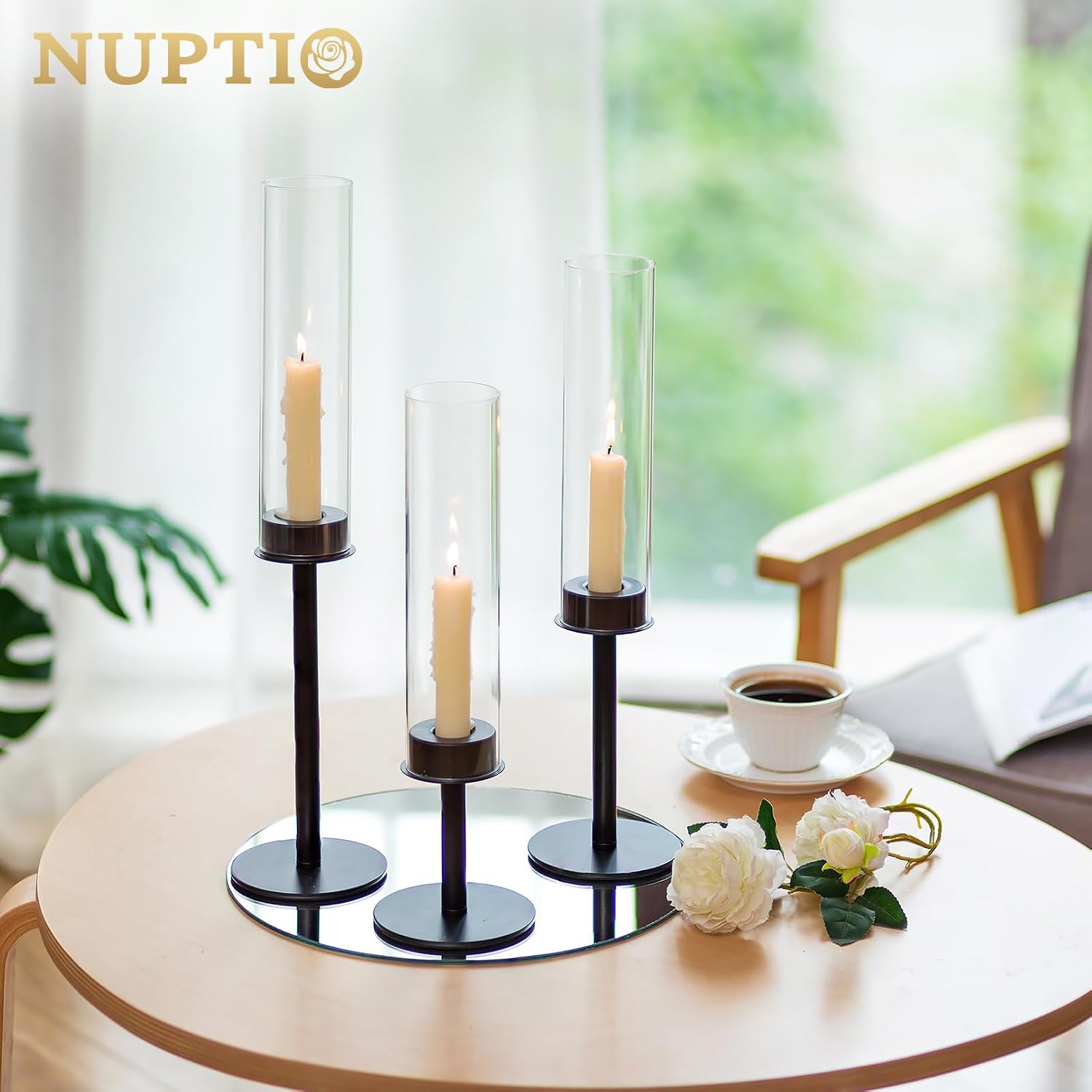 NUPTIO Black Candlestick Holders for Centerpiece: Set of 3 Hurricane Taper Holder with Windproof Glass Cover Long Stem Cylinder Metal Candle Sticks Stands for Halloween Christmas Table Decoration