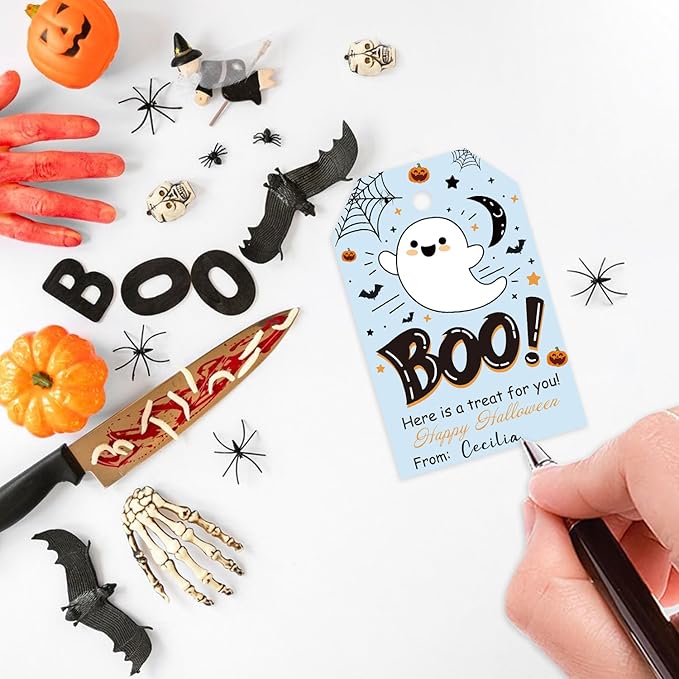 Aukolass 50Pcs Boo Gift Tags, Halloween Treat Tag for Spooky Boy Ghost Party Favor and Gift Wrapping Decoration (Blue Boo)