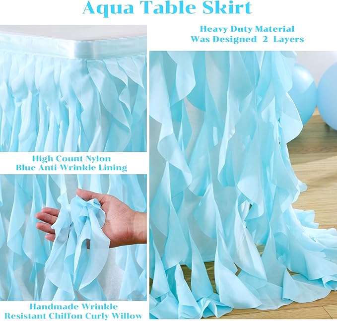 Partisky Aqua Blue Tulle Curly Willow Table Skirt for Rectangle Table 14ft, Ruffle Tutu Table Cloth for Boys Baby Shower,Birthday Party Candy Cake Tables