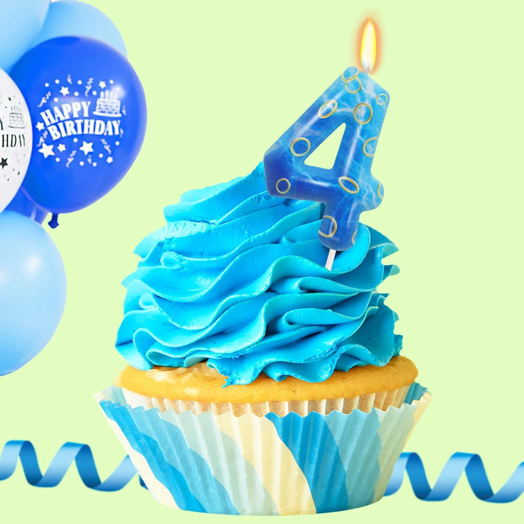 Blue and Golden Ring 4 Candle, Number 4 Candle Cake Topper Boy Birthday Decorations, Cartoon Themed Birthday Party Supplies