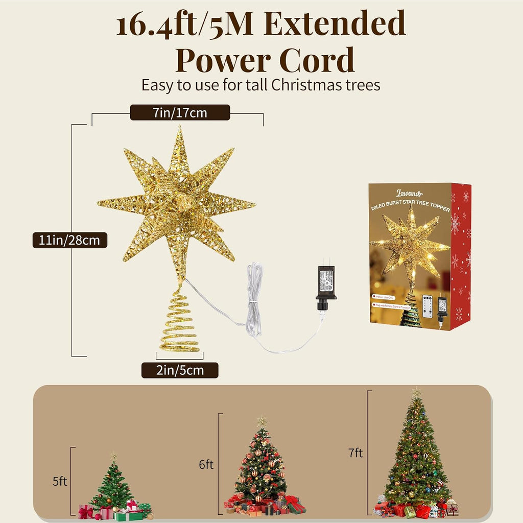 Lewondr Christmas Tree Topper, Plug in 3D Starburst Xmas Lighted Star Tree Topper, Remote Control & Timer Light Up Vintage Moravian Tree Topper for Christmas Decoraiton, Warm Light, Gold