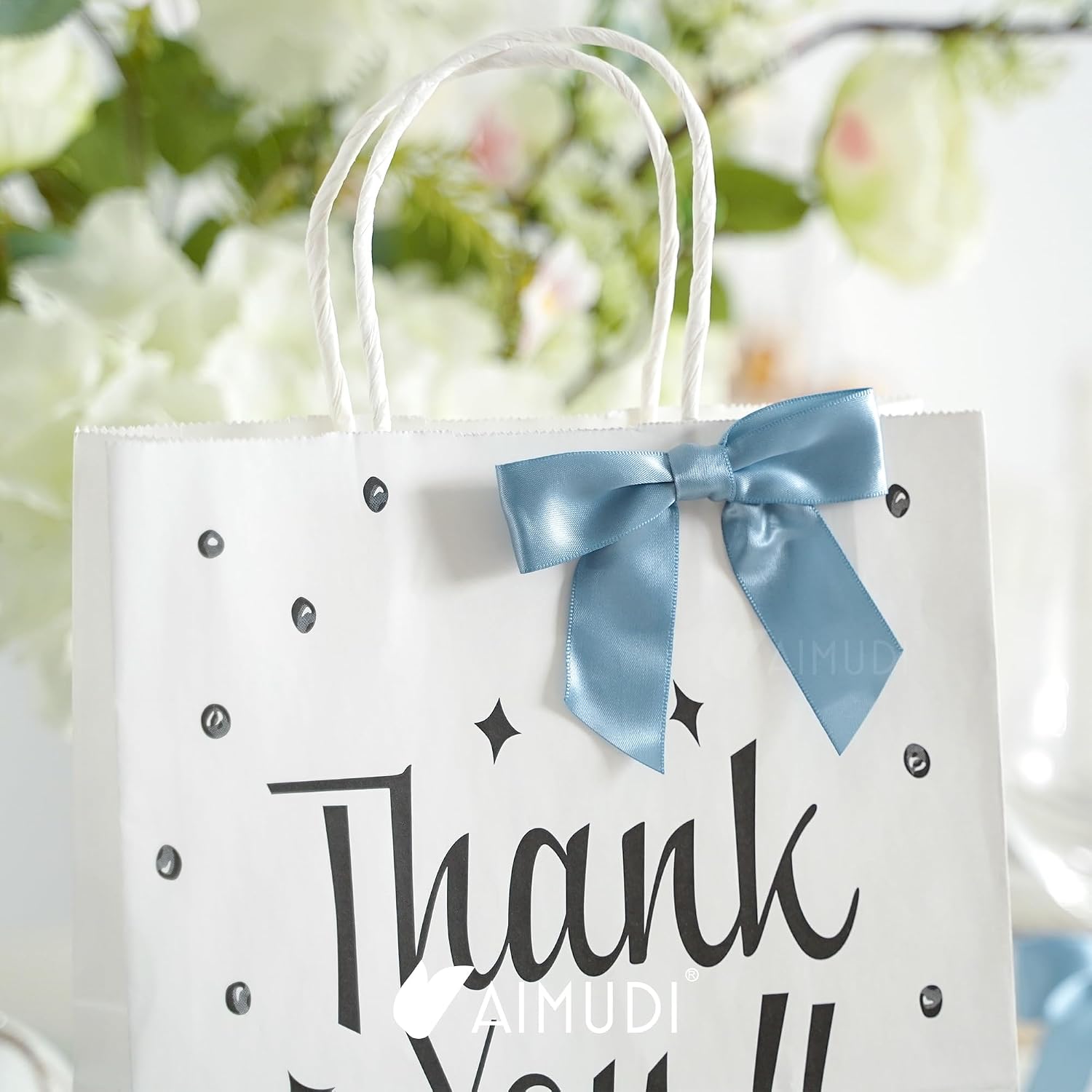 AIMUDI Dusty Blue Satin Ribbon Bows 3.5" Pre-Tied Twist Tie Bows for Treat Bags Gift Wrapping Cake Pop Goodie Bags Party Wedding Baby Shower Favor - 50 PCs