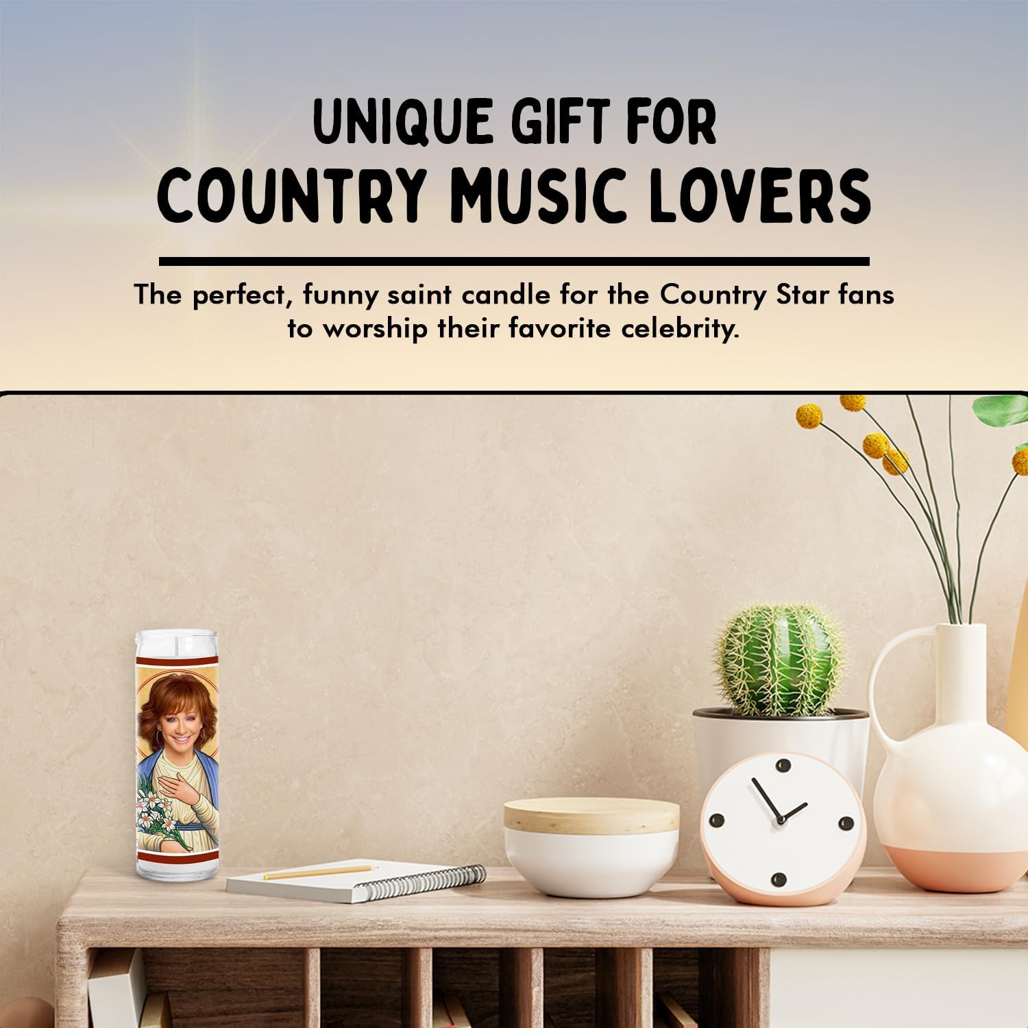 Country Star Celebrity Glass Jar Candle – Unscented Handmade Soy Wax Votive Candle – Unique Gift for Music & Movie Lovers – Home Decor Collectible for Living Room & Office – 8 Inch