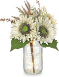 Silk Sunflowers Artificial Flowers with Mason Jar Centerpiece for Table White Fall Flowers in Vase Small Fall Floral Arrangement with Vase Thanksgiving Centerpiece for Dining Room Table Autumn Decor