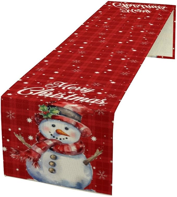 Christmas Table Runner,Christmas Snowman Snowflakes Winter Seasonal Table Cloth Kitchen Dining Table Decoration for Home Party Decor 13x108 Inch