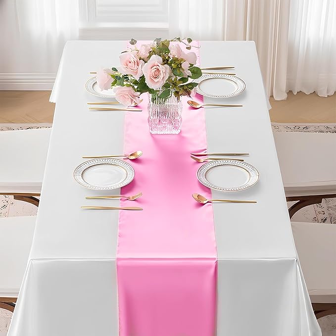 SHEJIZE 10 Pack Pink Satin Table Runner 12x108 Inches Long, Bright Silky Smooth Satin Table Runner Table Decor for Wedding Banquet Christmas Prom Event Birthday Party