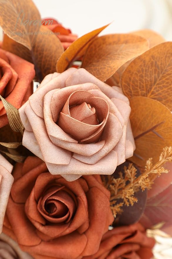 Floroom Artificial Flowers 25pcs Real Looking Burnt Orange & Warm Taupe Foam Fake Roses with Stems for DIY Wedding Bouquets Bridal Shower Centerpieces Floral Arrangements Party Tables Home Decorations