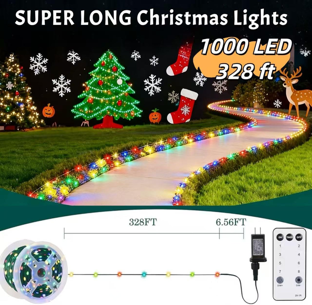 HYH Christmas Lights Outdoor 1000 LED 328FT String Lights Multicolored, IP67 ...