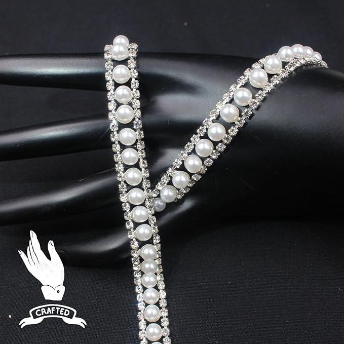 PEARLY JUN 1 Yard Pearl Rhinestone Trim Chain Silver Crystal Fringe Diamond Applique Ribbon String Tassel Strip (Silver-150, 2 Yards)
