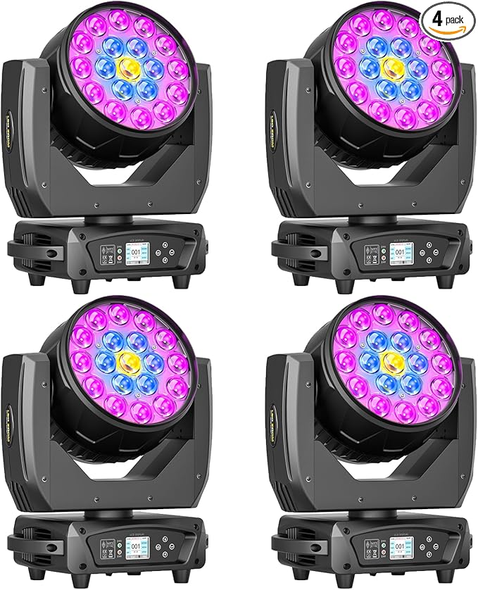 19x10W Moving Head Light Focusing/Beam/Wash/Zoom Effect Stage Lights 4-in-1 LED DMX512 & Sound Activated Control for DJ Disco Nightclub KTV Bar Theater Shopping Mall (4 PCS